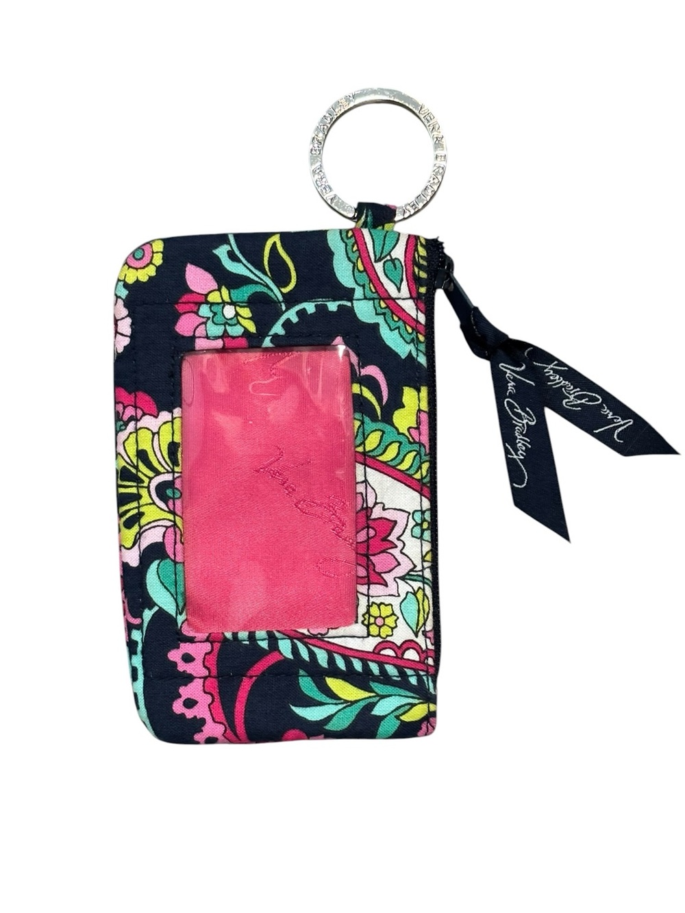Vera Bradley Zip ID Case Petal Paisley floral pattern keychain wallet pink navy